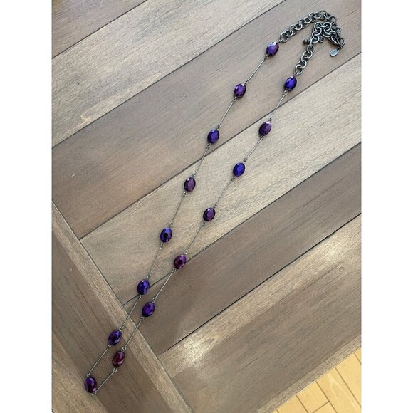 Long Gunmetal Iridescent Chain Necklace With Purple Faceted Glass Beads - Picture 1 of 4